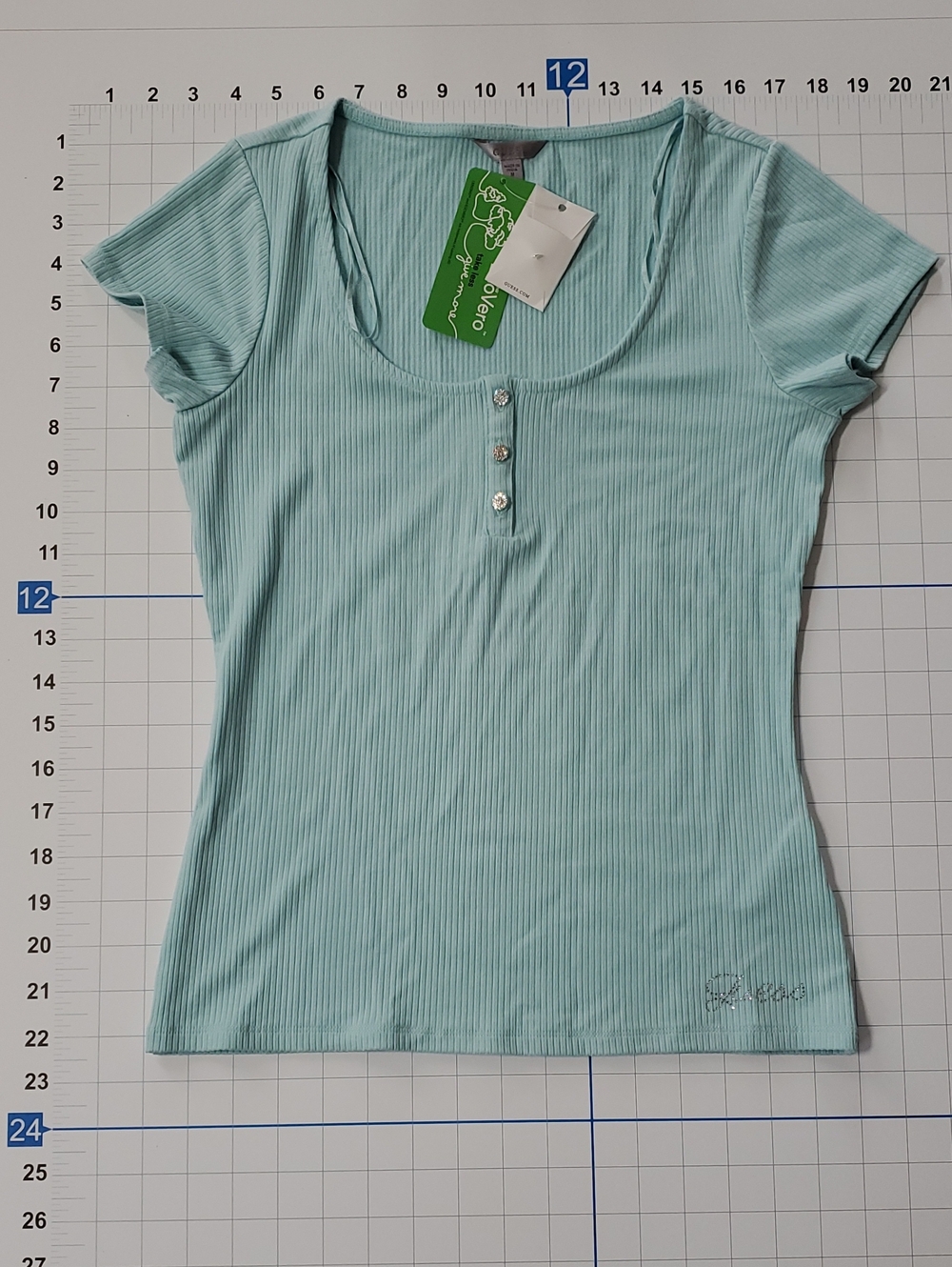 Guess Mint Ribbed Scoop Neck Henley Top